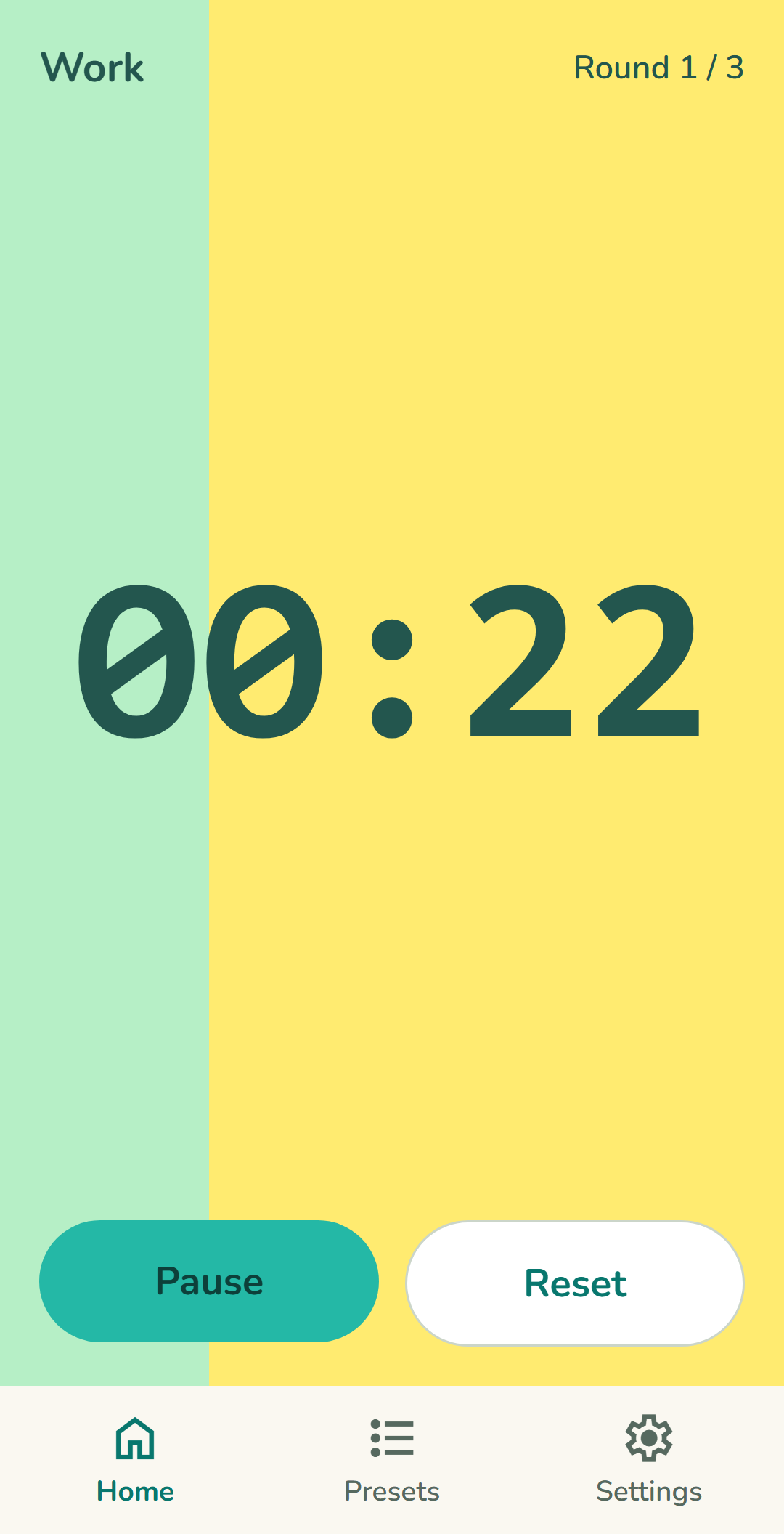Interval Timer displaying a work interval, remaining time and round count.