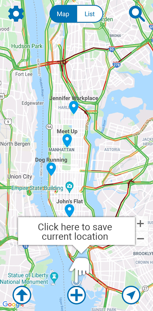 MyMap showing saved places on a map and its save location control.